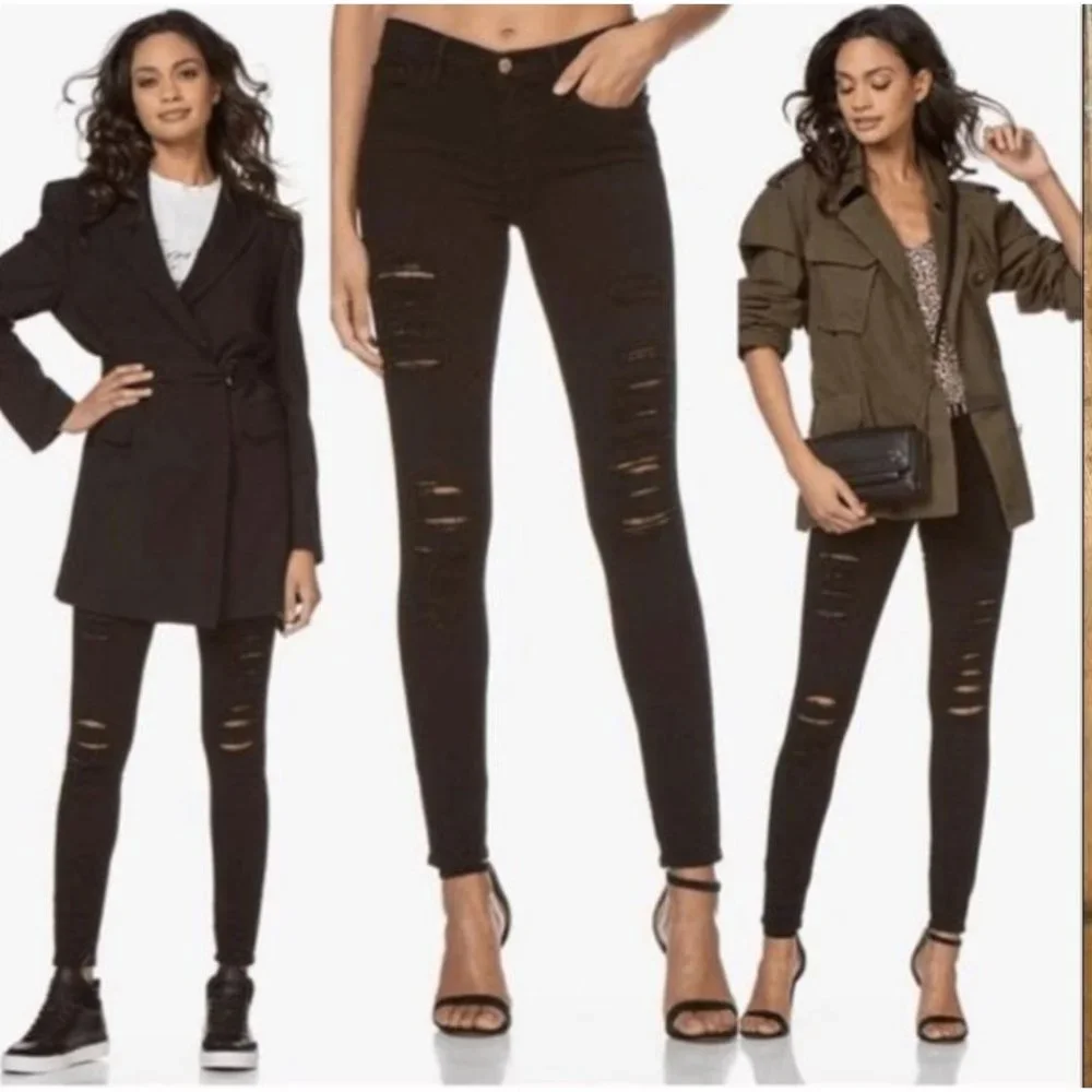 Frame Le Skinny De Jeanne Black Distressed Ripped Jeans, 26 - Picture 1 of 11